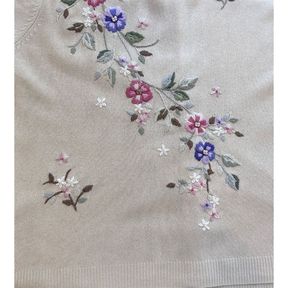 Vintage 90s TIARA International Embroidered Floral Cardigan Silk Blend Cream Med - Picture 3 of 9